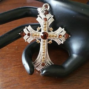 Vintage cross with orange crystals pendant